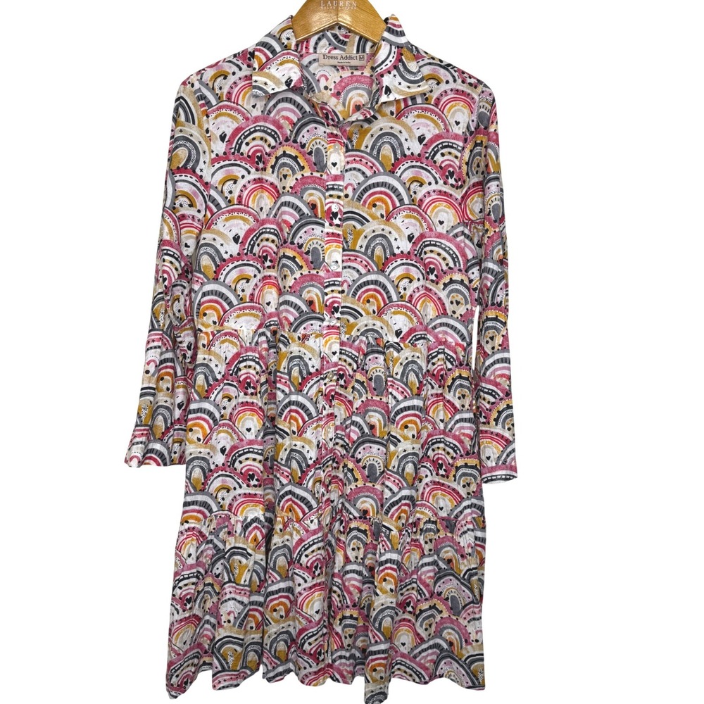 Dress Addict Button‎ Front Cotton Dress Tiered Medium Rainbow Print